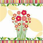 Springtime love greeting card with colorful flowers on colorful striped background
