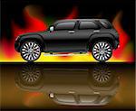 Black sports utility vehicle with flame background