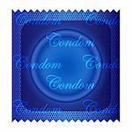 Isolated latex condom in blue vacuum packaging