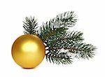 Christmas balls and green branch on white background