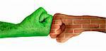 Two hands against each other. Green hand with grass and brick wall hand. Confrontation environment against construction industry. Ecology. White isolated