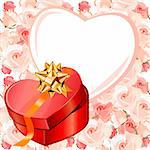 Heart-shaped frame and gift box. Background is seamless