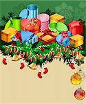 Christmas greeting card with gift boxes and santa socks