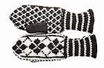 Knitted winter mittens with pattern on white background