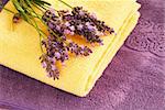 purple and yellow towels with lavender flowers