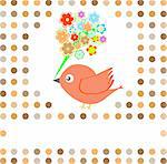 cute bird with colorful flowers greetings card background