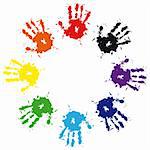 Print of hand from ink colorful splash. Vector grunge illustration of hand of child,  cute teamwork background