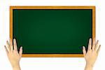 hand holding green blackboard