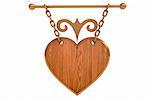 Wooden heart sign hanging on white background with abstract shape