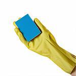 Hand in glove holding washing sponge, isolated over white