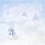 Christmas blue background. Snowman toy on the bokeh winter background in the snow and magical forest with Christmas shiny trees.
