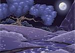 Cartoon nightly landscape with stream. Vector illustration.