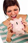 Angry Ethnic Female Yelling At Her Piggy Bank Isolated on a White Background.