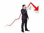Unsuccessful young businessman using a megaphone with a curve going down