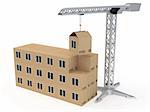 Tower crane building a house from cardboard boxes rendered with soft shadows on white background