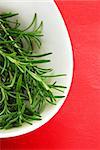 fresh rosemary green sprigs in white bowl