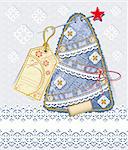 Merry Christmas card. Background in jeans scrapbooking style. Denim tree with straight lace and vintage label