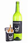 Color photo of a pack of cigarettes and a bottle of wine