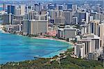 Close-up skyline of Honolulu, Hawaii showing the hotels and buildings on Waikiki Beach