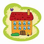 Cartoon, doodle house on white background