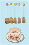 Conceptual graphic sketch with tea cup and bag. Afternoon tea.