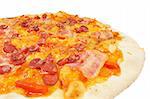 Pizza with  sausage  and bacon.  Isolated  on white.