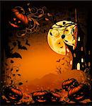 Halloween illustration background with pumpkin, castle, moon and ornate