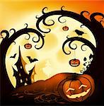 Halloween illustration background with trees, pumpkins, castle; full moon and crow