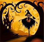 Halloween illustration background with scarecrow; moon and castle