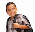Happy Young Hispanic Boy with Backpack Ready for School Isolated on a White Background.