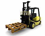 3D Render of Yellow Fork Lift Truck on White