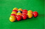 Close up of billiard balls against a green background