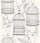 Seamless pattern with birdcages, flowers and birds. Floral and swallow background.