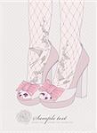 Fashion illustration.Background with high heels shoes. Tights with birds and flowers ornament. Invitation or birthday card.