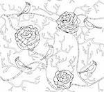 Abstract black and white seamless flower pattern with roses and birds.