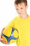 Portrait of a boy with a ball. Isolated over white background.