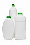 Three plastic bottles for household cleaning products on white background