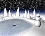 Computer generated 3d illustration of a snowy winter scene and snowman