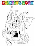 Coloring book castle and big dragon - vector illustration.