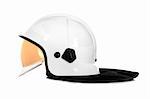 A picture of a white fire fighter helmet over white background