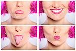 A set of four pictures of female face with different expressions over light background