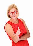 A portrait of a mature elegant woman showing "ok" sign over white background