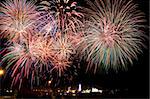 Panoramic view of fireworks over a fair in the night