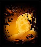 Halloween bitmap illustration background with pumpkin, castle, moon and ornate