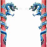 Blue Chinese Dragon Wrapped around red pole on White background