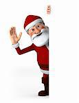 Cartoon Santa Claus waving from behind a blank sign - high quality 3d illustration