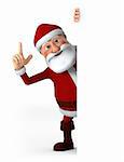 Cartoon Santa Claus pointing up from behind a blank sign - high quality 3d illustration