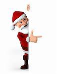 Cartoon Santa Claus pointing at something from behind a blank sign - high quality 3d illustration