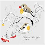 graphical greeting new year card with birdies on a gray background