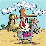 Cute Cartoon Mexican wearing a sombrero riding a donkey in the desert